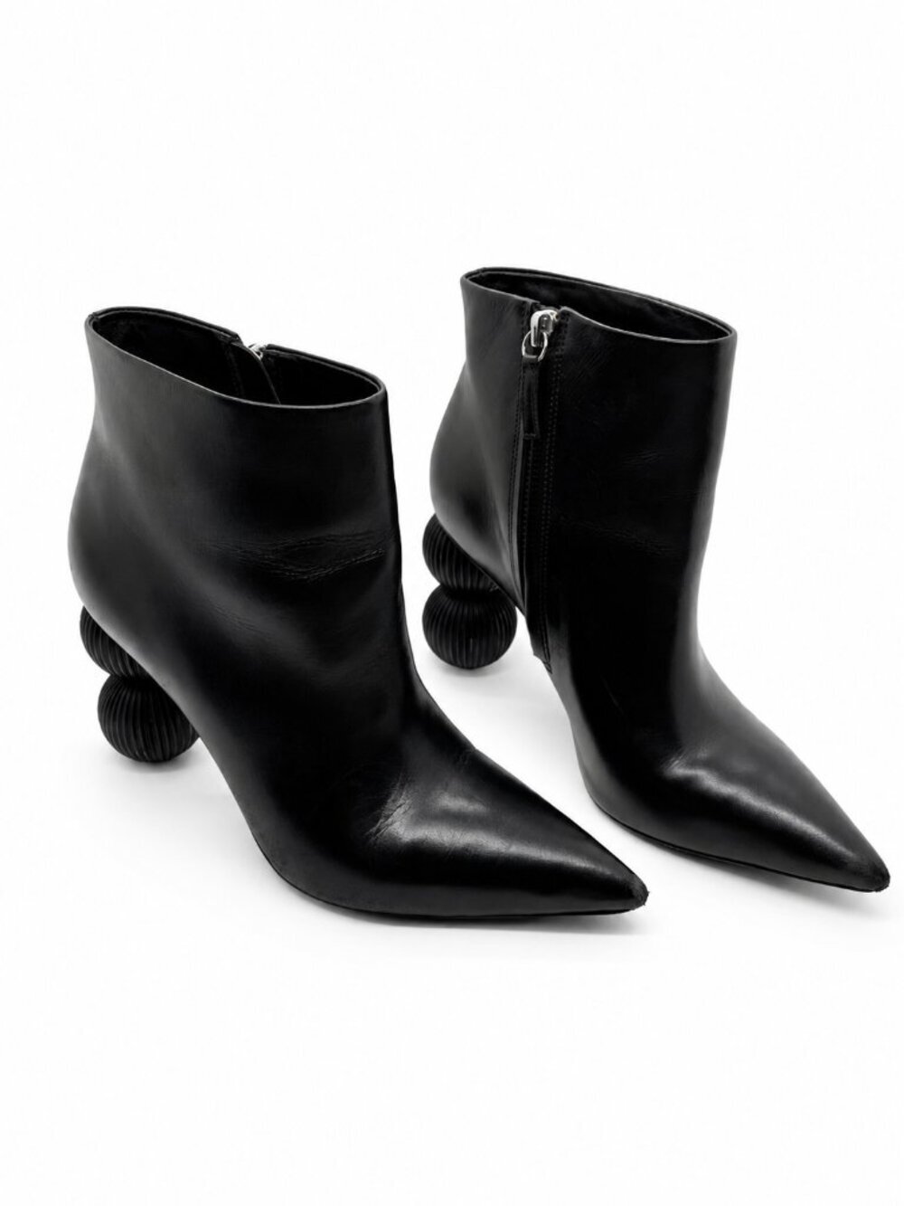 Cult Gaia Black Leather Cam Boots Booties Bauble Sculptural 3.5" Heel 37.5 | 7.5